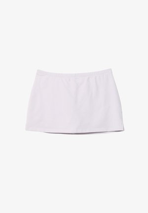 White cotton mini skirt with an elastic waistband, featuring a soft texture and a simple, straight-cut design. No patterns or accents.