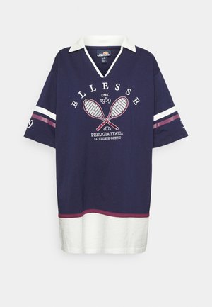 Granatowo-biała koszulka polo z krótkim rękawem z grafiką rakiety tenisowej, białym kołnierzykiem i tekstem "Ellesse Perugia Italia Lo Stile Sportivo."