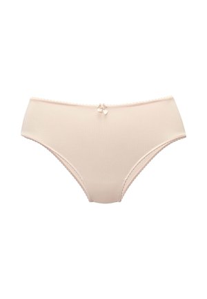 Nude high-waisted briefs made of soft fabric with a subtle texture, featuring a delicate lace trim and a small bow detail at the front center.