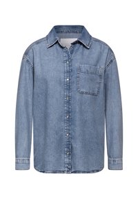 Camicia di denim blu con maniche lunghe, colletto, chiusura frontale con bottoni e taschino sulla parte anteriore. Presenta cuciture a vista e vestibilità rilassata.