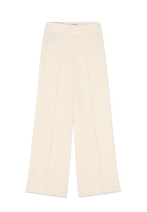 Pantaloni a gamba larga color crema con vita alta e sottili pieghe centrali, mostrati distesi su uno sfondo bianco.