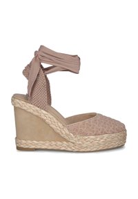 Sandalo espadrille a zeppa in tessuto intrecciato rosa chiaro con dettagli in juta intrecciata. Cinturino alla caviglia e parte superiore testurizzata per un interesse visivo.