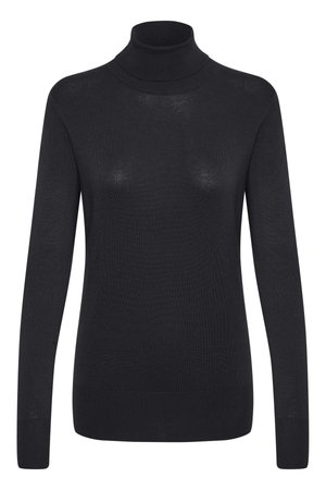 Maglione a collo alto di colore nero realizzato in tessuto a maglia fine, con maniche lunghe e un design aderente. Texture liscia con polsini e orlo a coste.