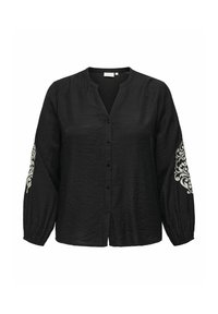 Cămașă neagră cu nasturi, confecționată dintr-un material texturat, având guler în formă de V și mâneci voluminoase, cu broderie decorativă albă pe mansete.