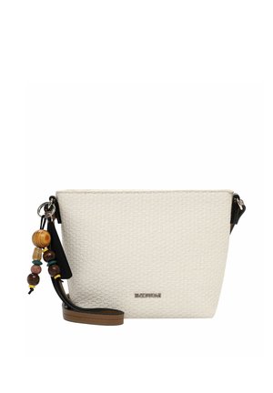 Kremfarvet tekstureret crossbody taske med sort strop, nøglekæde med træperler og lille sølvfarvet mærkelogo foran.