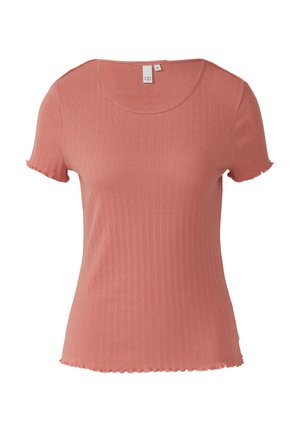 Short-sleeve, ribbed, coral pink t-shirt with a rounded neckline and frilled hem. Made from a soft, stretchy fabric. Size tag visible.