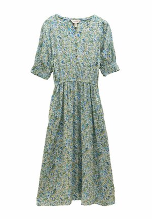 Light blue floral midi dress with short puff sleeves, V-neckline, cinched waist, and button details on the front.