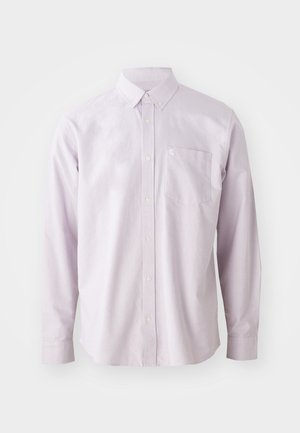Light purple long-sleeve button-up shirt made of cotton, featuring a chest pocket and a classic collar with white buttons.