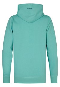 Felpa leggera color teal realizzata in morbido tessuto, con cappuccio regolabile e maniche lunghe, e polsini e orlo a coste. La vista posteriore presenta un branding minimale.