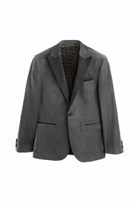 Grijze fluwelen blazer met zwarte satijnen revers, enkele knoopsluiting, twee voorzakken en gestreepte binnenvoering.