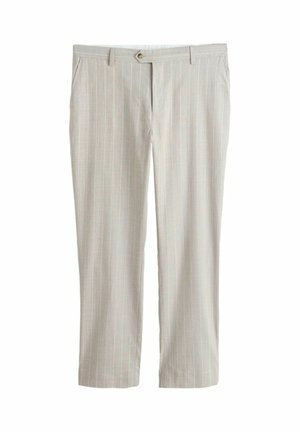 Beežid meeste kitsad püksid äri stiilis, õrnade vertikaalsete triipudega, küljetaskutega, nupuga kinnitatavad ja vööaasadega.