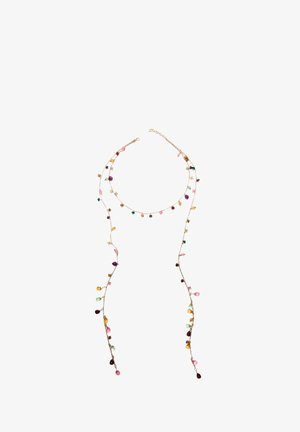 Gold-tone necklace with multiple colorful bead accents. Features a delicate chain and varying lengths, creating a cascading effect.