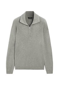 Hellgrauer langärmliger Strickpullover mit Viertelreißverschluss und Stehkragen, gerippte Bündchen und Saum.