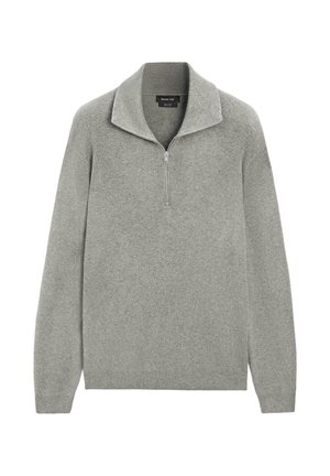 Hellgrauer langärmliger Strickpullover mit Viertelreißverschluss und Stehkragen, gerippte Bündchen und Saum.