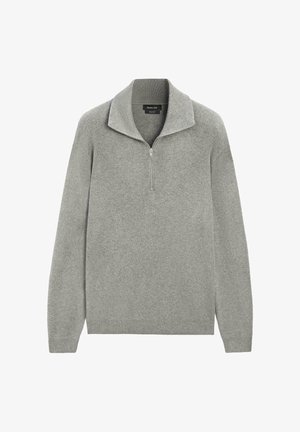 Hellgrauer langärmliger Strickpullover mit Viertelreißverschluss und Stehkragen, gerippte Bündchen und Saum.