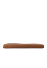 Brown leather laptop sleeve, rectangular shape, smooth texture, zipper closure on one side, minimalistic design, suitable for standard laptops.