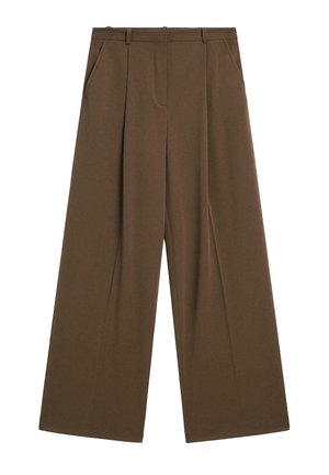 Kalhoty s širokými nohavicemi v tmavě hnědé látce. Mají dvě boční kapsy, přední záhyby a přiléhavý pas pro elegantní střih.