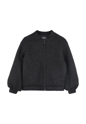Veste bomber noire en tissu texturé, avec fermeture éclair à l'avant, poignets et ourlet côtelés, et une bande avec le logo "KARL LAGERFELD".