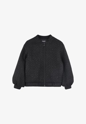 Veste bomber noire en tissu texturé, avec fermeture éclair à l'avant, poignets et ourlet côtelés, et une bande avec le logo "KARL LAGERFELD".