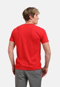 Červené tričko s krátkým rukávem a kulatým výstřihem, vyrobené z bavlny, pohled zezadu. Spárováno se šedými tepláky. Jednoduchý design.