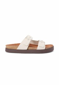 Sandale blanche à glissière avec deux brides réglables à boucle, semelle intérieure en liège et semelle en caoutchouc marron foncé.