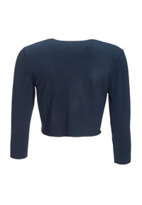Maglione corto a maniche lunghe di colore blu scuro con scollo tondo, mostrato da dietro su sfondo bianco.