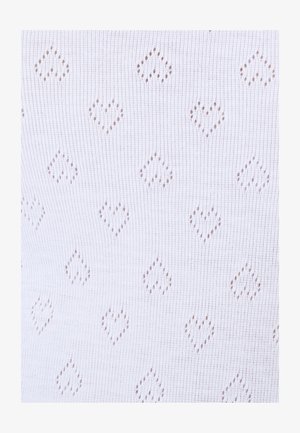 Tessuto lavorato a maglia bianco con un motivo di piccoli cuori traforati. La texture è liscia con un disegno di punti uniforme.