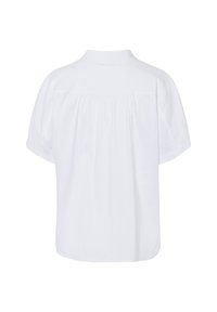 Witte kortarmige shirt met een kraag, geplooide achterkant, en een ontspannen pasvorm met een gladde textuur en zonder versieringen.