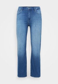 Light blue denim jeans with a straight leg design, five-pocket style, and a slight gradient in color. Features a button and zipper closure.