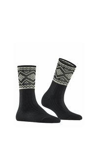 Schwarze Socken mit einem gemusterten cremefarbenen und schwarzen Bündchen. Merkmale: gerippte Textur und ein geometrisches Design oben. Material aus Baumwollmischung.