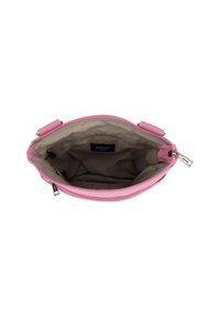 Borsa a mano in pelle rosa con zip superiore, che mostra un rivestimento beige all'interno. Presenta due manici corti e un'etichetta interna. Texture liscia.