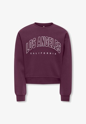 Marokas īsais kapuces džemperis ar garām piedurknēm un baltu "LOS ANGELES CALIFORNIA" tekstu priekšpusē izciliem, bloku burtiem.