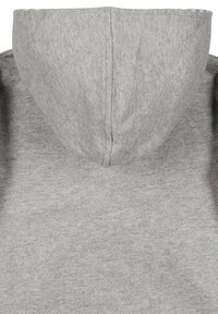 Felpa grigia con cappuccio caratterizzata da una texture liscia e morbida e da un cappuccio arrotondato e cucito. Il tessuto è leggero e presenta un design casual.