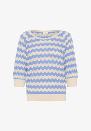 Strikket sweater med en løs pasform, prydet med et bølgemønster i lyseblå og creme. Rund halsudskæring og puffede ærmer med ribkanter.