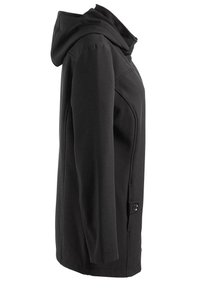 Zwarte hoodie jacket met een gladde textuur, een ritssluiting aan de voorkant, zijzakken en een ontspannen pasvorm. Heeft een capuchon en gevormde naden.