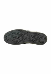 Suola di scarpa in gomma nera con un motivo a zig-zag e un logo prominente. Il bordo presenta una rifinitura di colore chiaro.