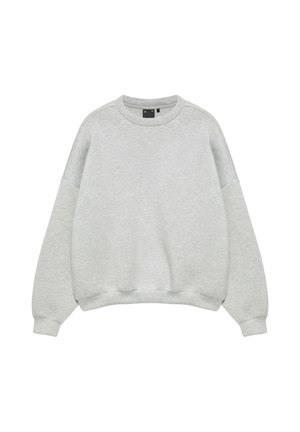 Sweat-shirt gris clair col rond avec manches longues et poignets et bas côtelés, présenté à plat sur fond blanc.