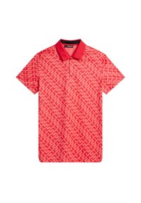 Polo de manga corta en rojo sólido con un patrón geométrico audaz. Diseño con cuello, tela suave y un detalle de cuello en contraste.