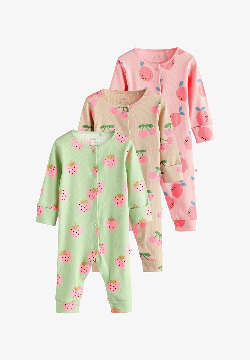 Drei Babystrampler: grün mit rosa Erdbeeren, beige mit Kirschen und pink mit Kirschen. Jeder hat lange Ärmel und Druckknöpfe.