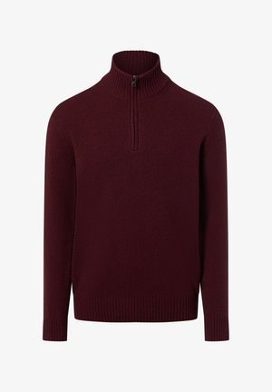 Bordeauxfarbener Zip-Kragen-Pullover mit geripptem Kragen und Bündchen, gefertigt aus einem weichen Material, mit gerader Passform und einfarbigem Design.