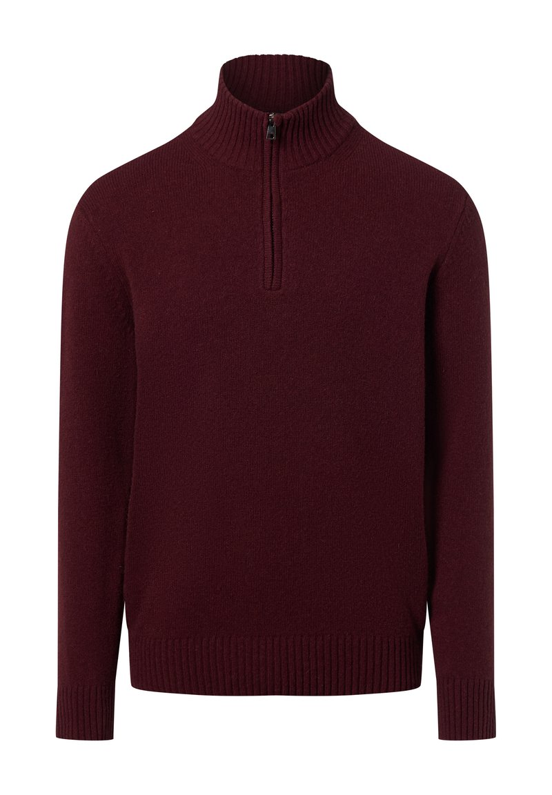 Bordeaux ritsneksweater met geribbelde kraag en manchetten, gemaakt van een zachte stof, met een recht model en een effen structuur.