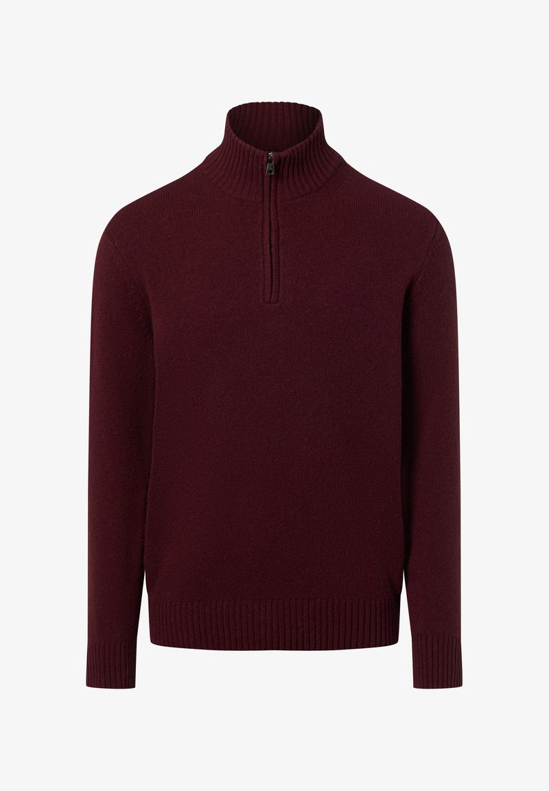 Bordowy sweter z suwakiem pod szyję, z prążkowanym kołnierzem i mankietami, wykonany z miękkiego materiału, o prostym kroju i gładkiej fakturze.
