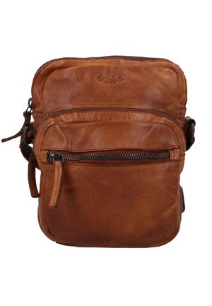 Small brown leather crossbody bag with two zippered compartments and adjustable strap.