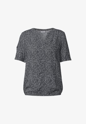 Kortærmet top i sort-hvid geometrisk mønster, har V-hals og samlet kant, lavet af letvægtigt stof.