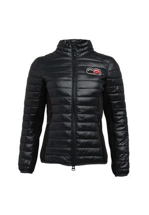 Veste matelassée noire avec col montant, fermeture éclair, poches latérales et panneaux en tissu texturé contrastant. Présente un logo sur la poitrine.