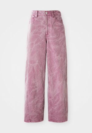 Pink wide-leg jeans with a high waist, featuring a faded, textured finish, button closure, and side pockets.