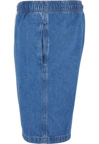 Denimo šortai su elastingu juosmeniu, šoninėmis kišenėmis ir tiesiu kirpimu. Mėlyna spalva su kontrastinėmis siuvimo detalėmis.