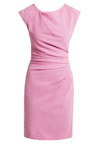 Lyhyt vaaleanpunainen mekko, jossa on hihattomat hihat, drapeeratun muotoilun ja hillityt laskokset, valmistettu sileästä kankaasta, ja jossa on piilotettu takakohdistus.