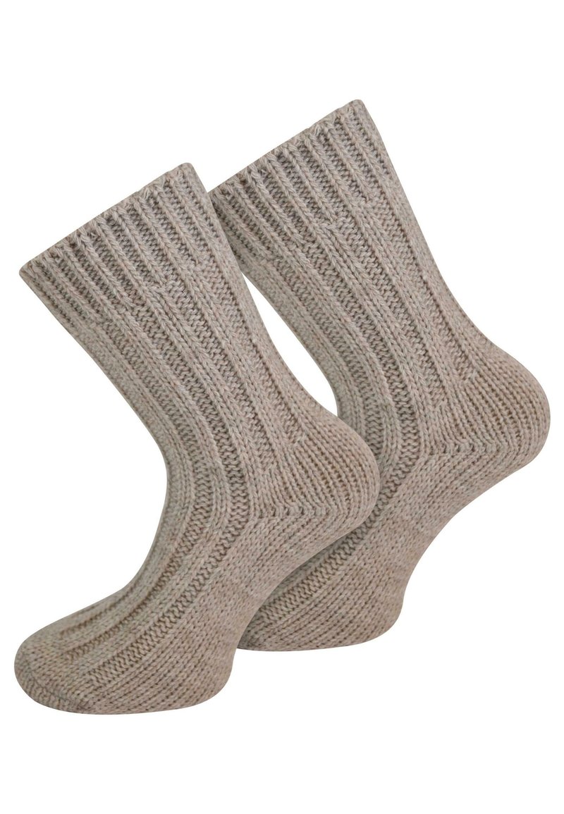 Stricksocken in hellbeige mit Rippstruktur, ausgestattet mit verstärkten Fersen und Zehen für erhöhte Langlebigkeit. Geeignet für den Alltag.