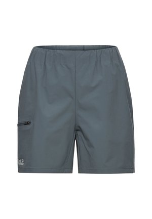 Shorts grigi in tessuto leggero, con vita elastica, tasca laterale con zip e un logo sottile sulla parte inferiore della gamba sinistra.